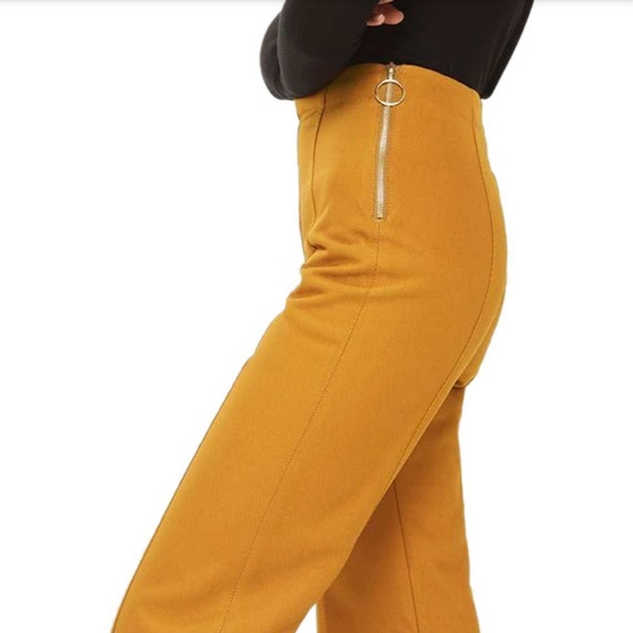 TOPSHOP Mustard Raw Edge Bonded Kick Flare Trousers - Picture 5 of 8